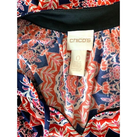CHICO'S LADIES VNECK RUCHED SLEEVELESS TASSLE TIE ABSTRACT COLORFUL DRESS EUC S - Picture 2 of 5